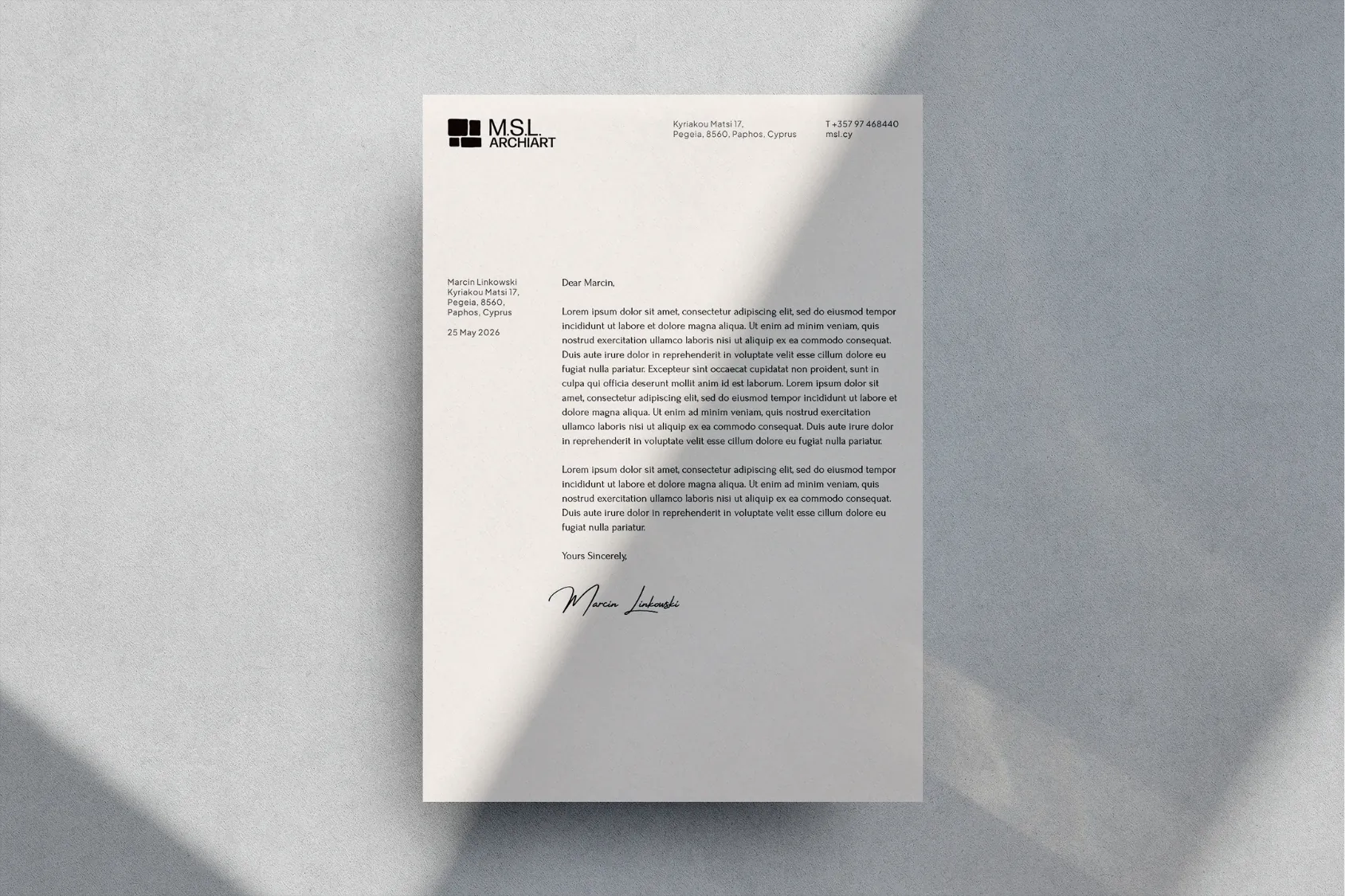 M.S.L. ARCHIART letterhead