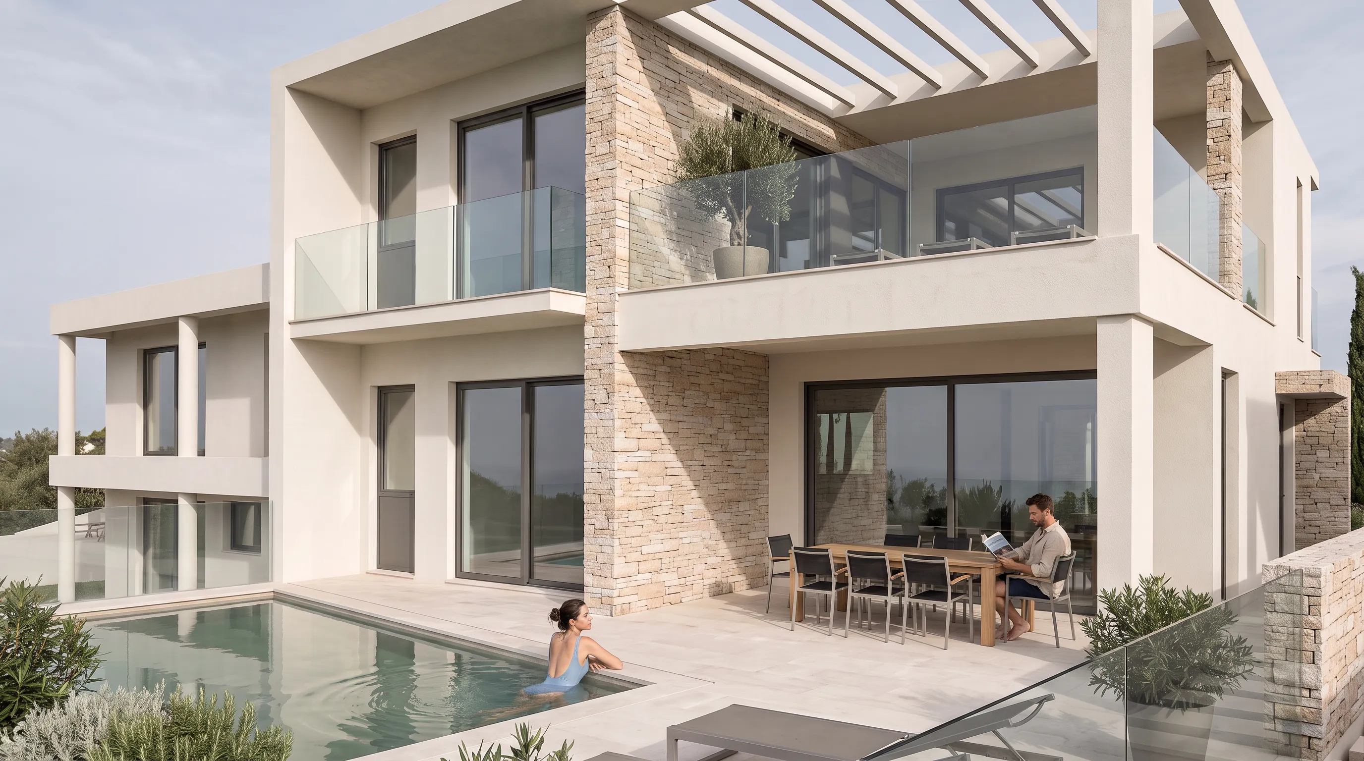 Sea Caves villa — stone detailing and full-height glazing