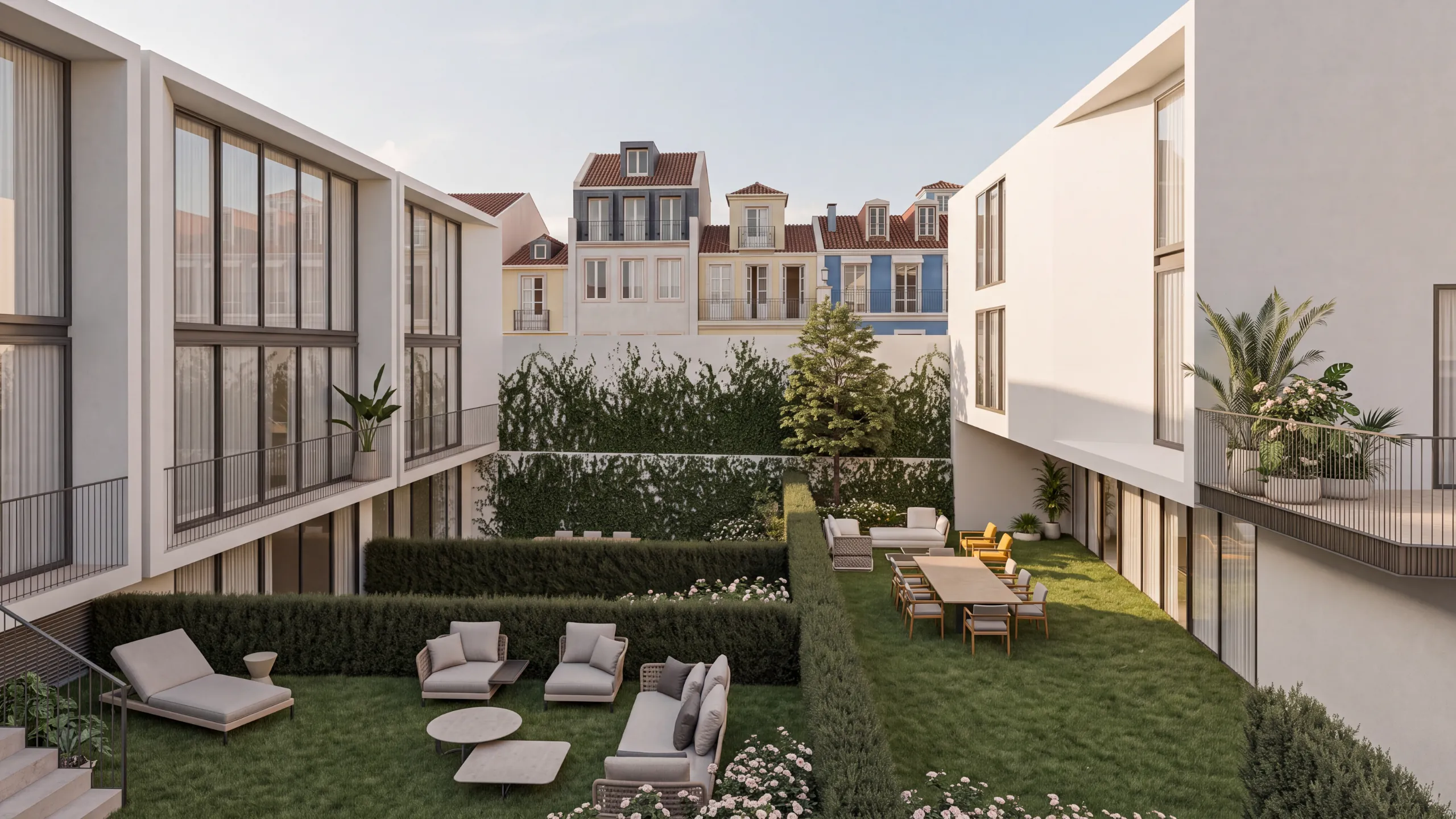 A living space at The Verdian, opening onto a balcony through full-height glazing